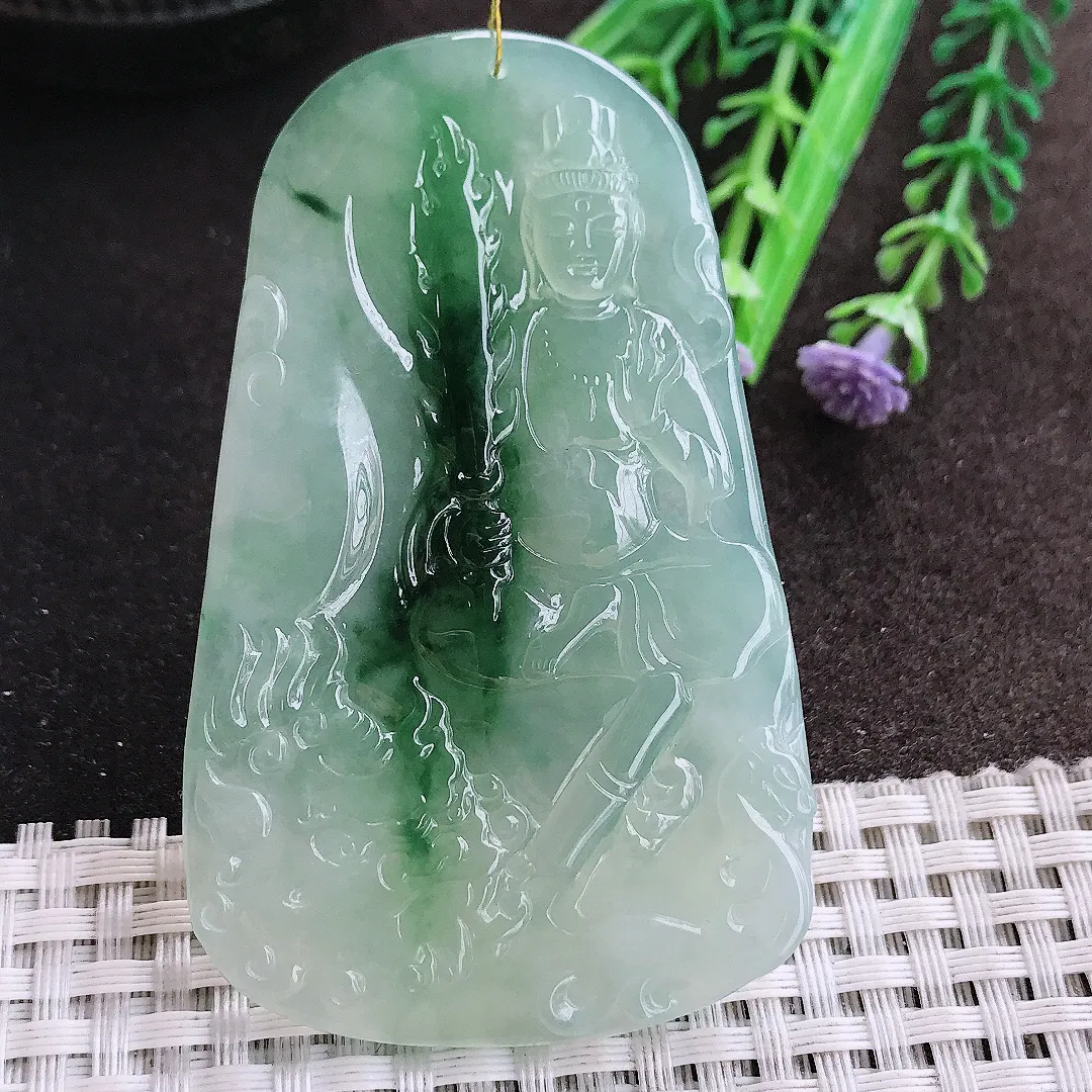 实拍A货翡翠70.5/43.6/5.1老坑冰胶果冻冰晴飘花文殊菩萨吊坠翡翠挂件
