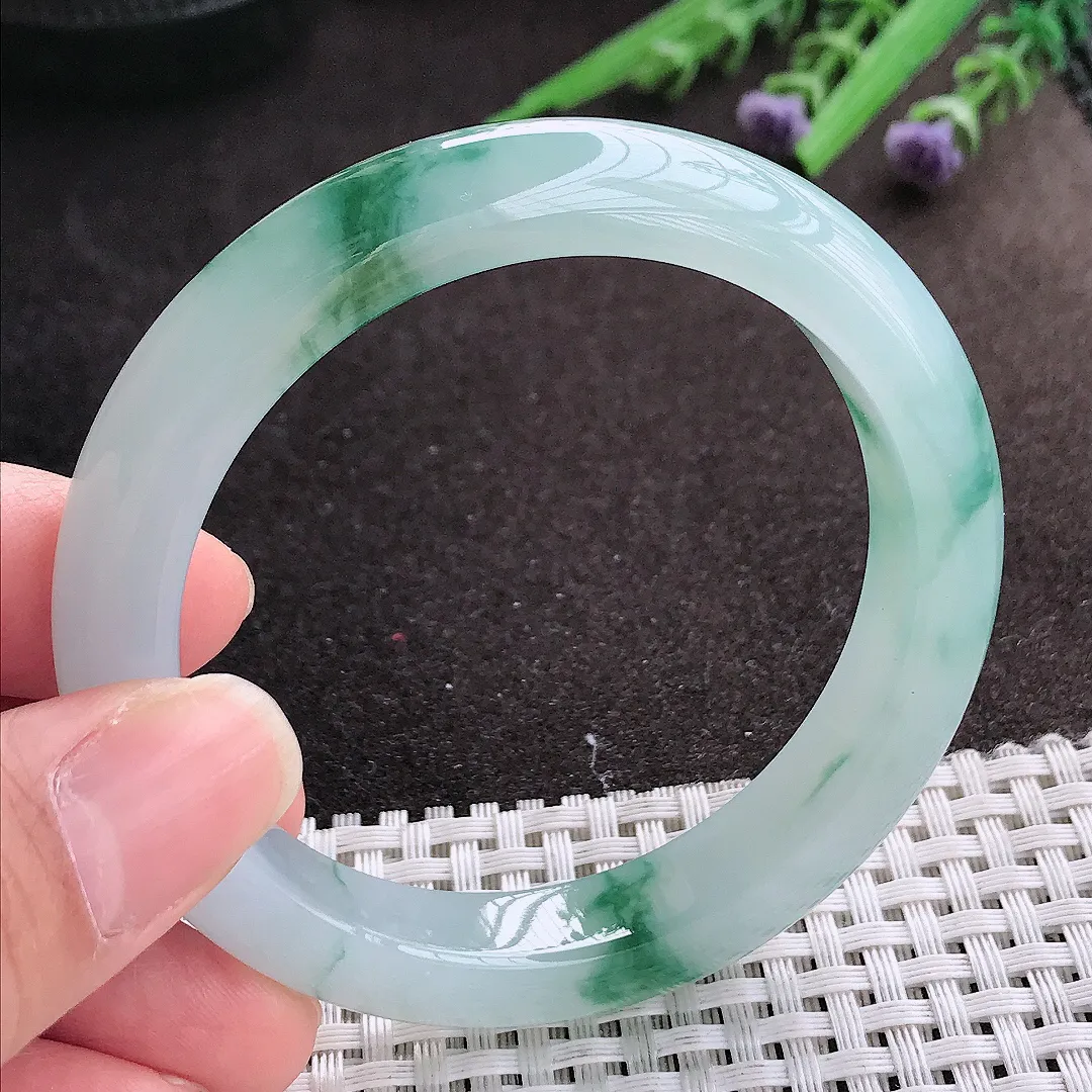 实拍A货翡翠55/11.4/8.6老坑冰胶果冻冰飘花手镯宽边玉镯手环