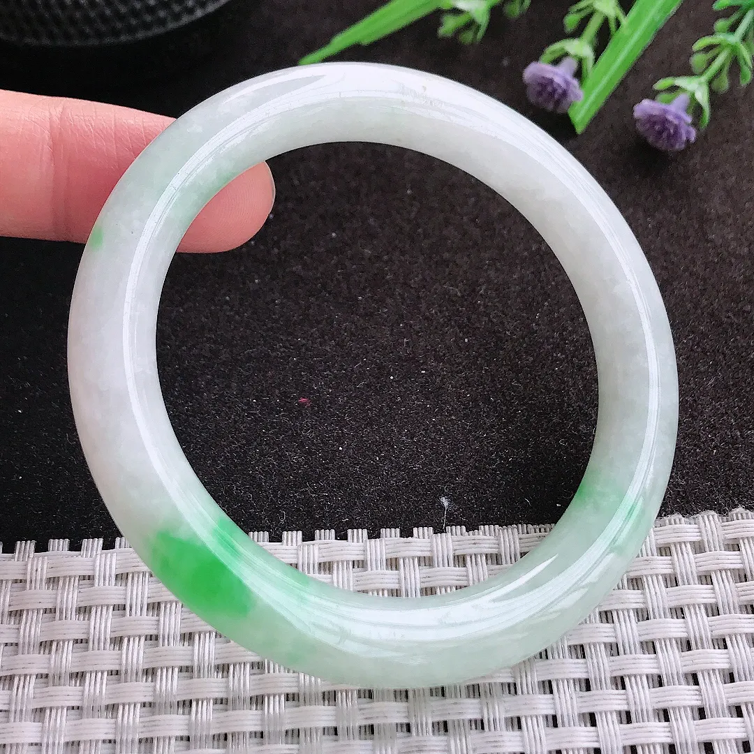 实拍A货翡翠55.5/9.6/9.8老坑精美冰润飘阳绿圆条手镯玉镯手环