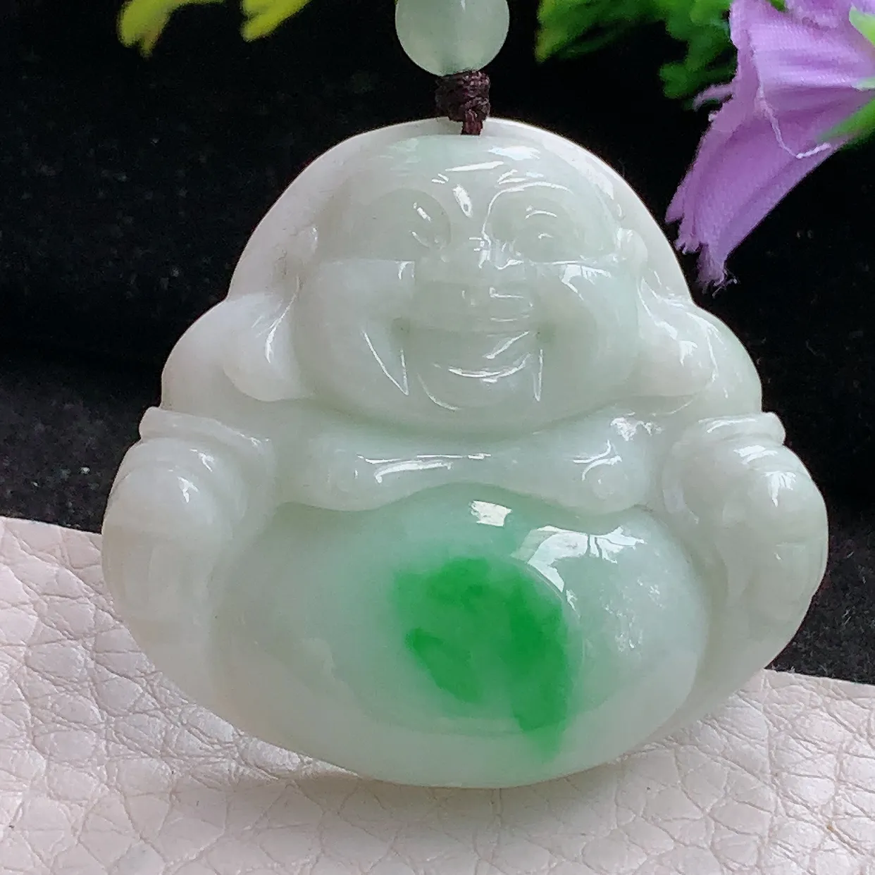 zen实拍38*41*9缅甸天然翡翠白底青佛公 弥勒佛玉吊坠