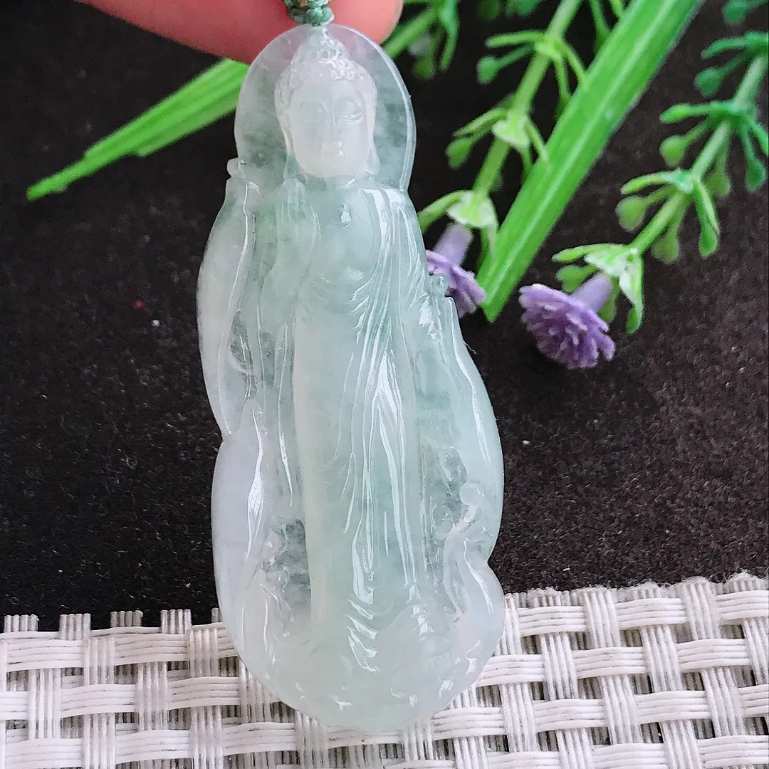 实拍A货翡翠54.8/23.2/6.8老坑冰胶果冻阿弥陀佛吊坠翡翠站佛挂件