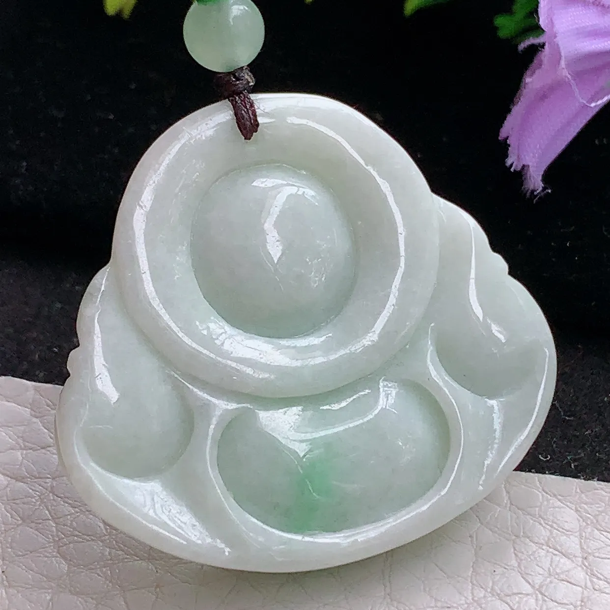 zen实拍38*41*9缅甸天然翡翠白底青佛公 弥勒佛玉吊坠