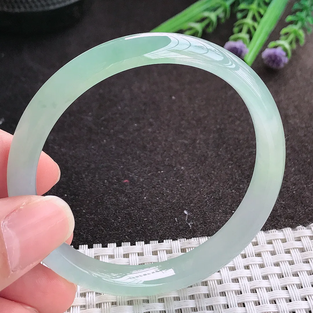 实拍A货翡翠57.5/10/6.8老坑冰胶果冻胶冰晴绿手镯宽边玉镯手环