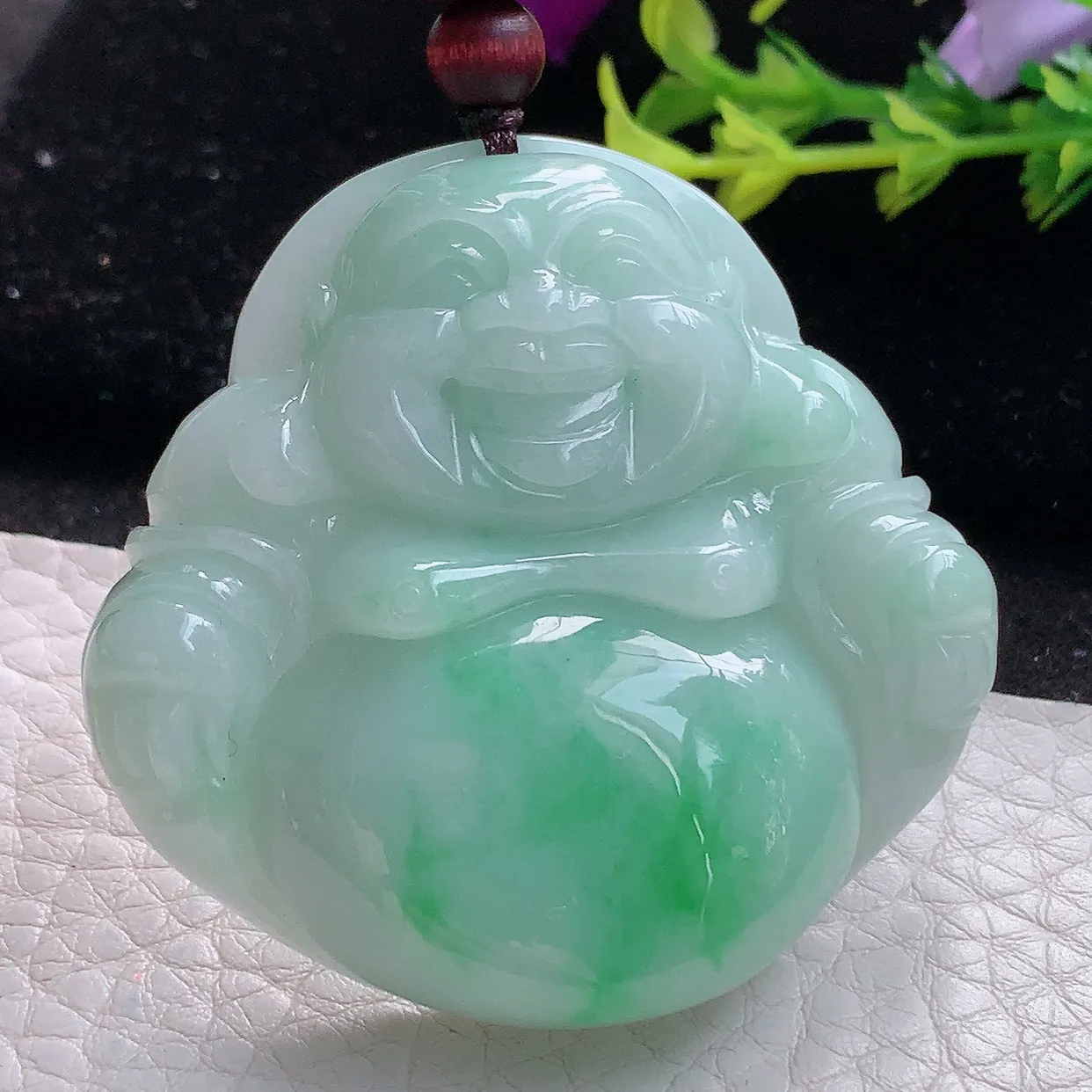 zen实拍46.5*48.8*11.5缅甸天然翡翠飘阳绿大佛公吊坠 大肚弥勒佛毛衣坠
