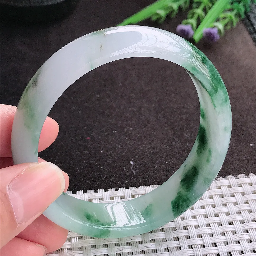 实拍A货翡翠59/15.8/7.3老坑冰润起胶飘花轮胎手镯宽边玉镯手环