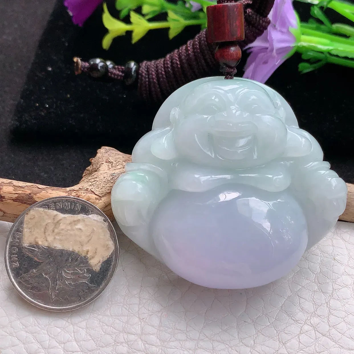 zen实拍47.3*52.5*15缅甸天然翡翠春带彩甜美大佛公 开心佛玉挂件