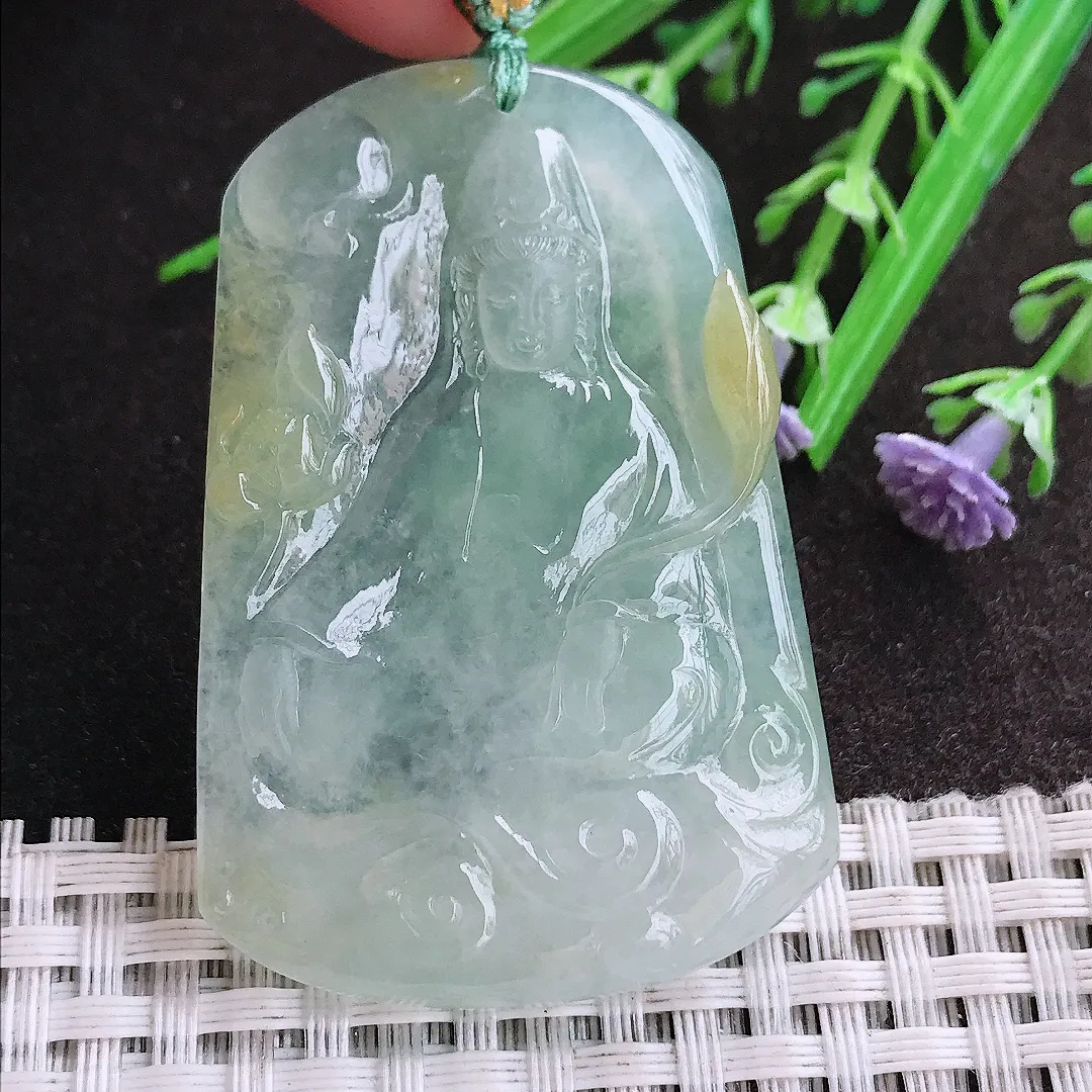 实拍A货翡翠53/35.8/6老坑冰胶果冻冰晴自在观音吊坠翡翠挂件