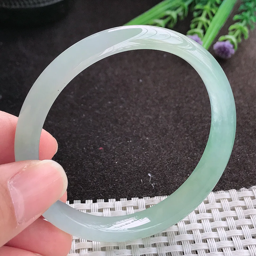 实拍A货翡翠57.5/10/6.8老坑冰胶果冻胶冰晴绿手镯宽边玉镯手环