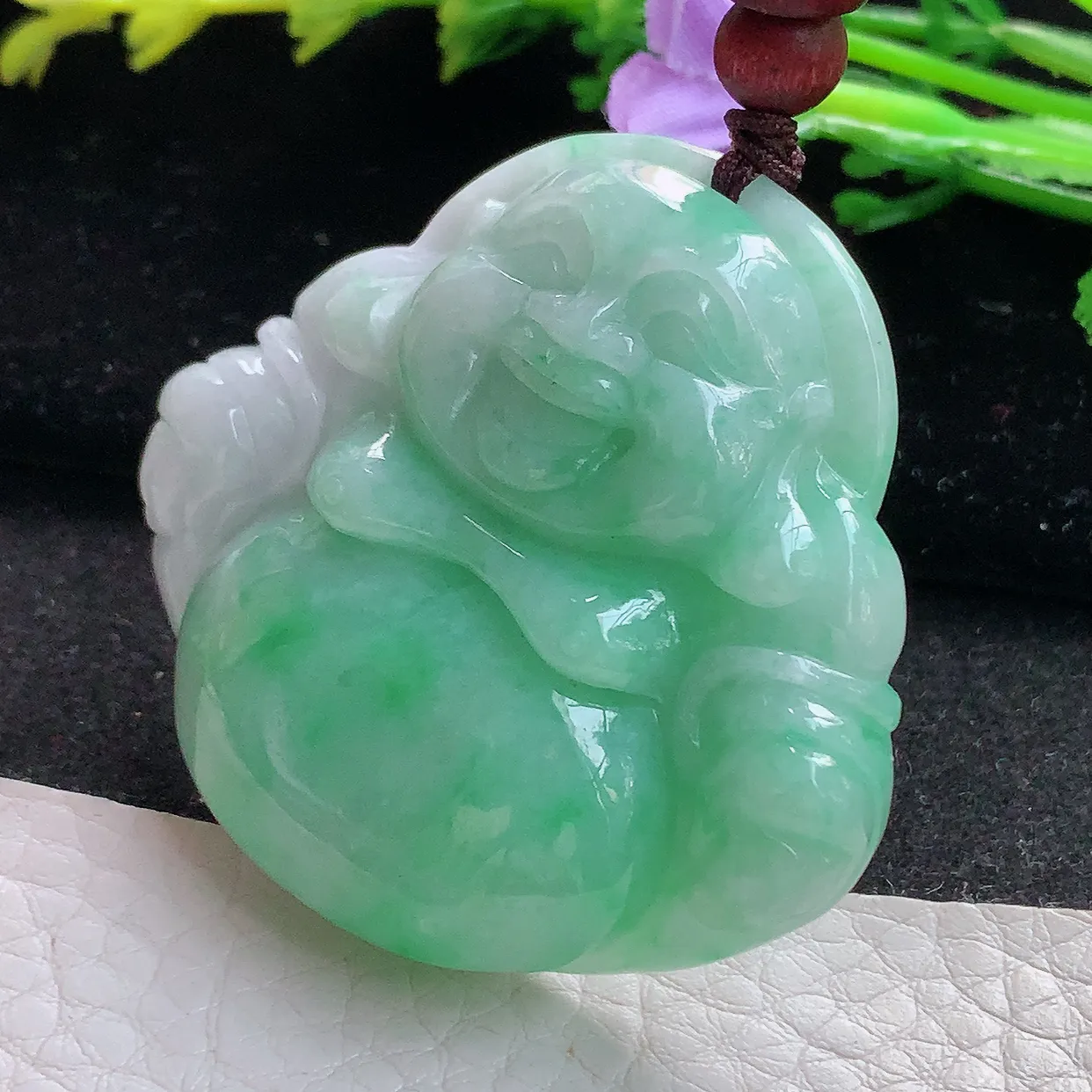 zen实拍44.5*46.8*10.8缅甸天然翡翠飘绿细润大佛公吊坠 大肚弥勒佛毛衣坠