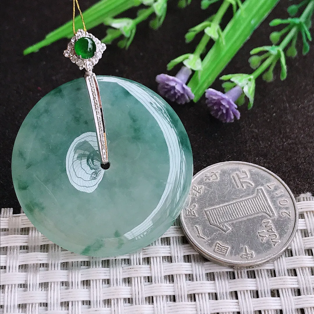 实拍A货翡翠37/6.2老坑18k金镶嵌冰胶果冻飘花平安扣吊坠翡翠挂件