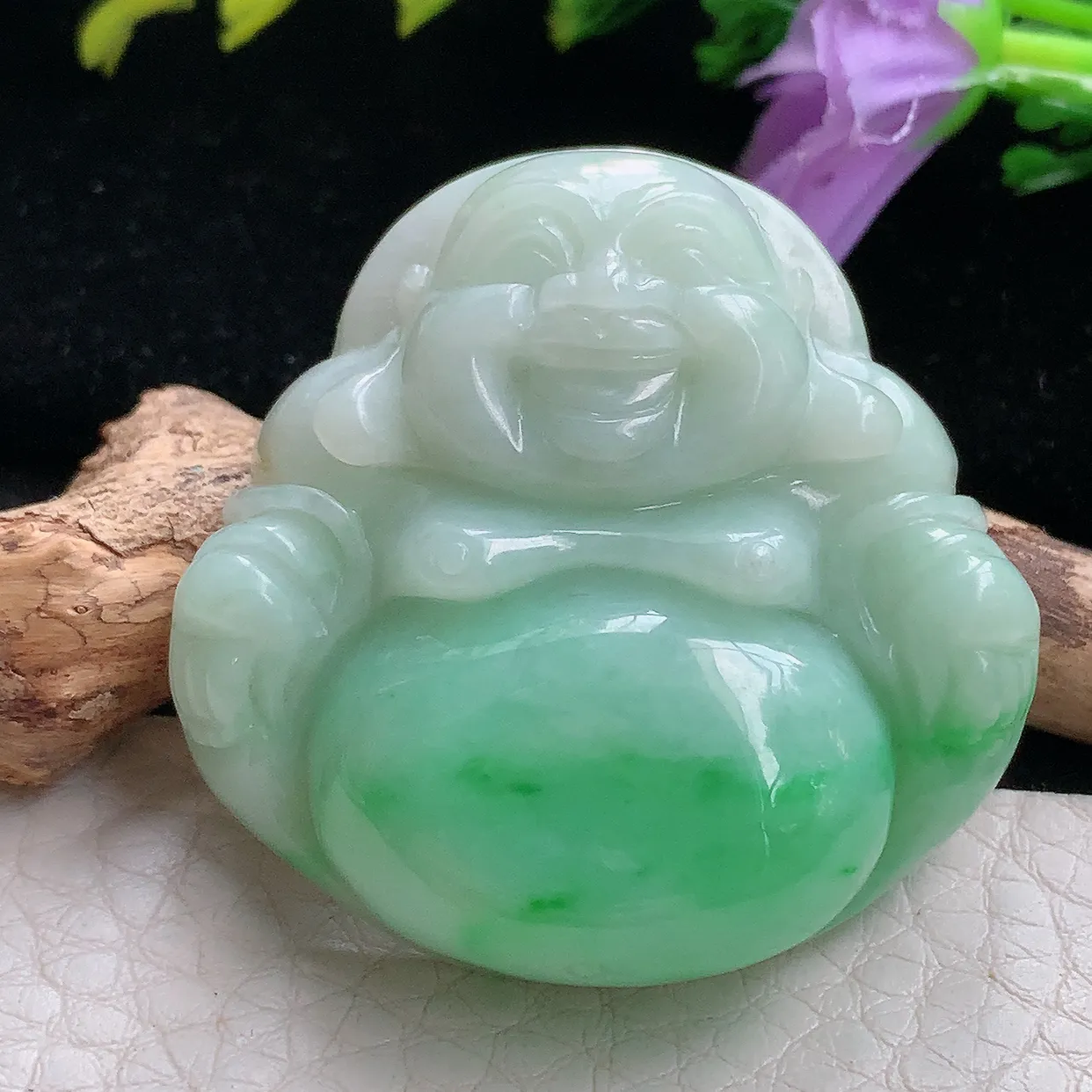 zen实拍41*41.8*12.8缅甸天然翡翠半山半水开心佛玉吊坠 玉挂件