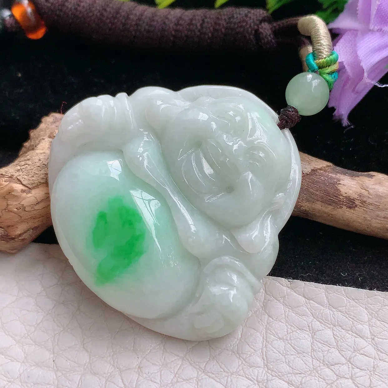 zen实拍38*41*9缅甸天然翡翠白底青佛公 弥勒佛玉吊坠