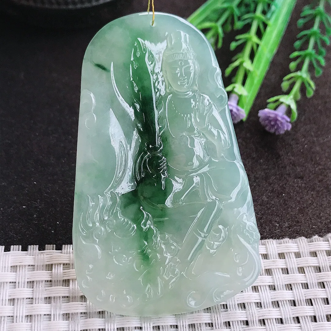 实拍A货翡翠70.5/43.6/5.1老坑冰胶果冻冰晴飘花文殊菩萨吊坠翡翠挂件