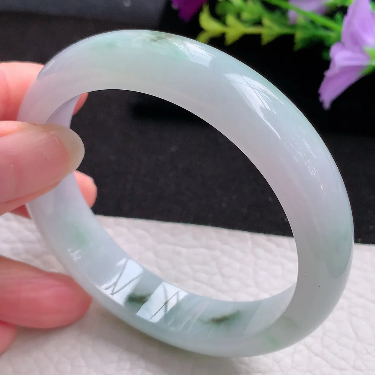 nr实拍57*13.8*8平安镯 天然翡翠A货飘花玉手镯胶感宽边玉手环