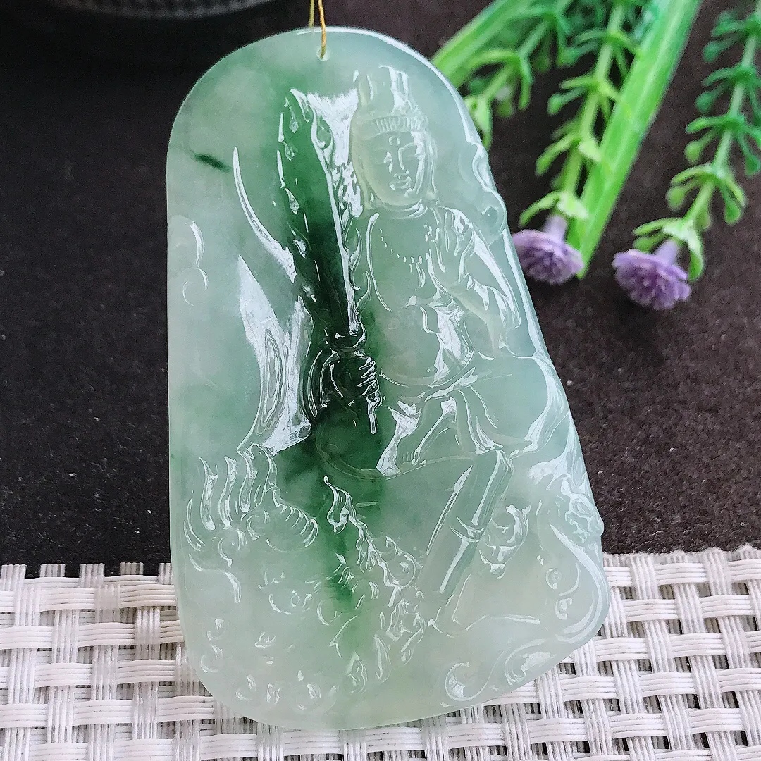 实拍A货翡翠70.5/43.6/5.1老坑冰胶果冻冰晴飘花文殊菩萨吊坠翡翠挂件