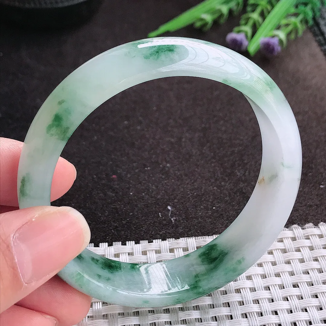 实拍A货翡翠59/15.8/7.3老坑冰润起胶飘花轮胎手镯宽边玉镯手环