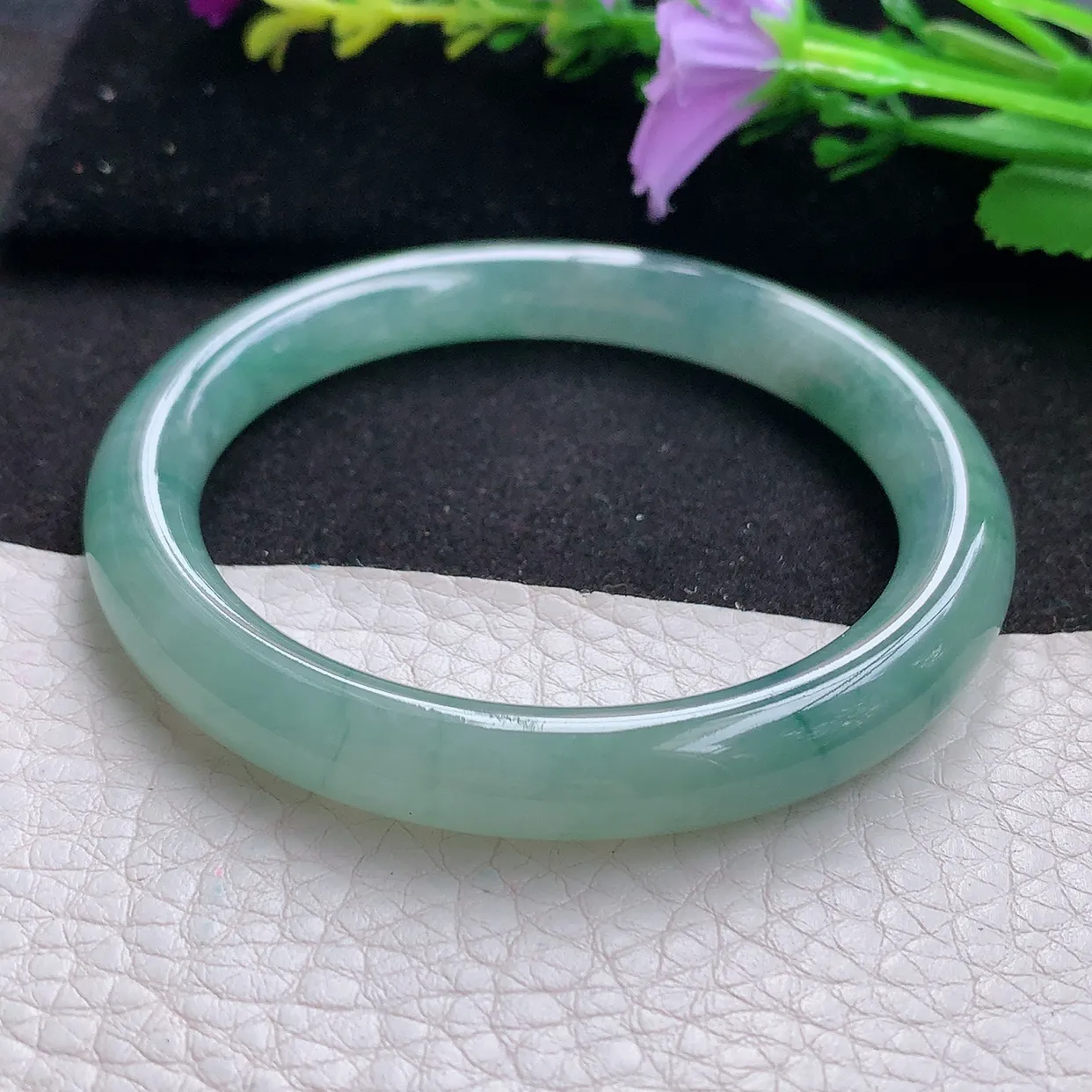 n实拍54.5*8.7*8.5美人镯 天然翡翠A货玉手镯冰飘花圆条玉镯子 叮当镯