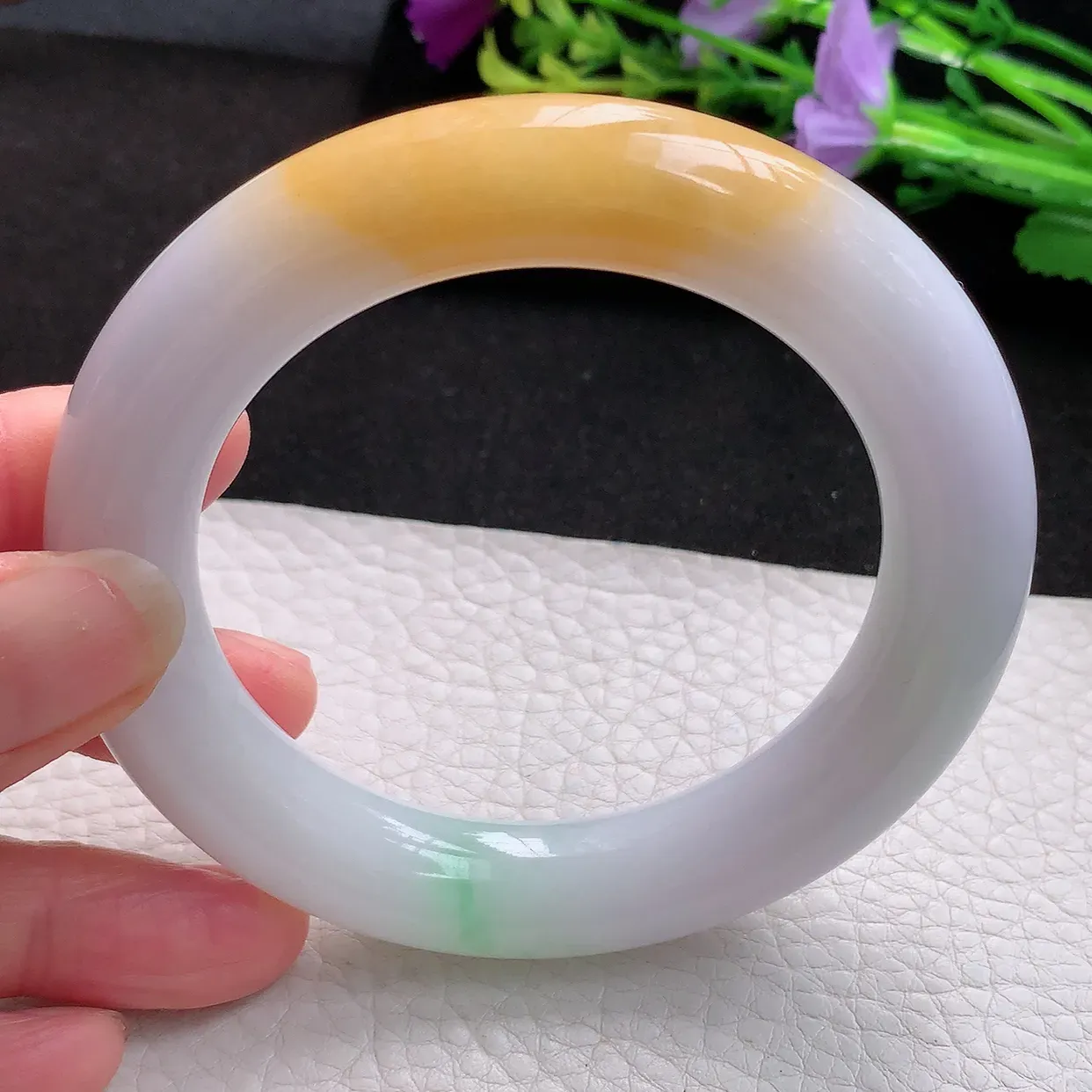 nr实拍58.5*12.8*12.5胖圆镯 天然翡翠A货三彩玉手镯胶感大气圆条美人镯