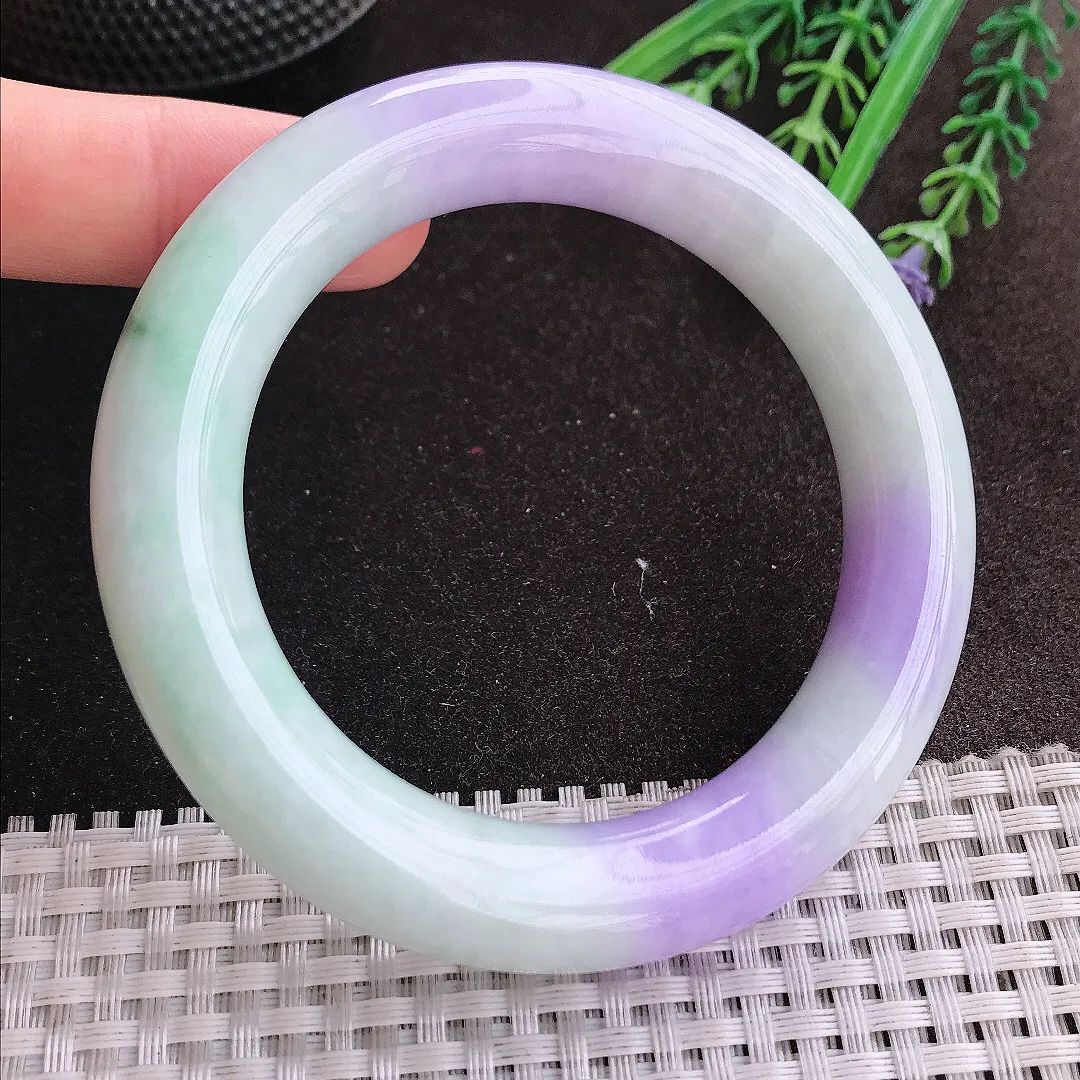 实拍A货翡翠57/12.5/12.3老坑精美温润春带彩紫罗兰圆条手镯玉镯手环