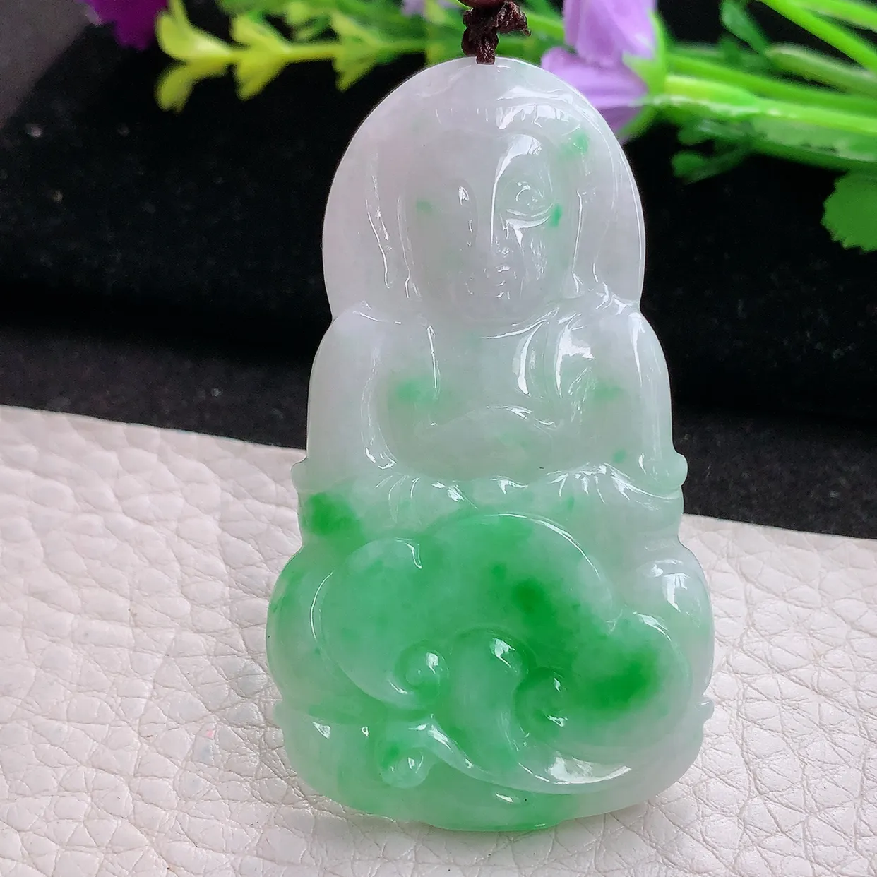 zen实拍58.6*34*5.5缅甸天然翡翠飘阳绿观音 玉观音挂件 玉吊坠