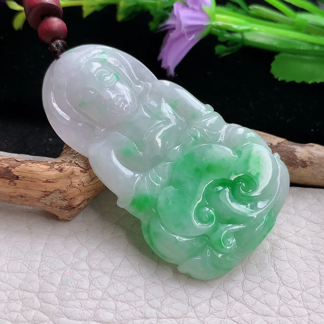 zen实拍58.6*34*5.5缅甸天然翡翠飘阳绿观音 玉观音挂件 玉吊坠