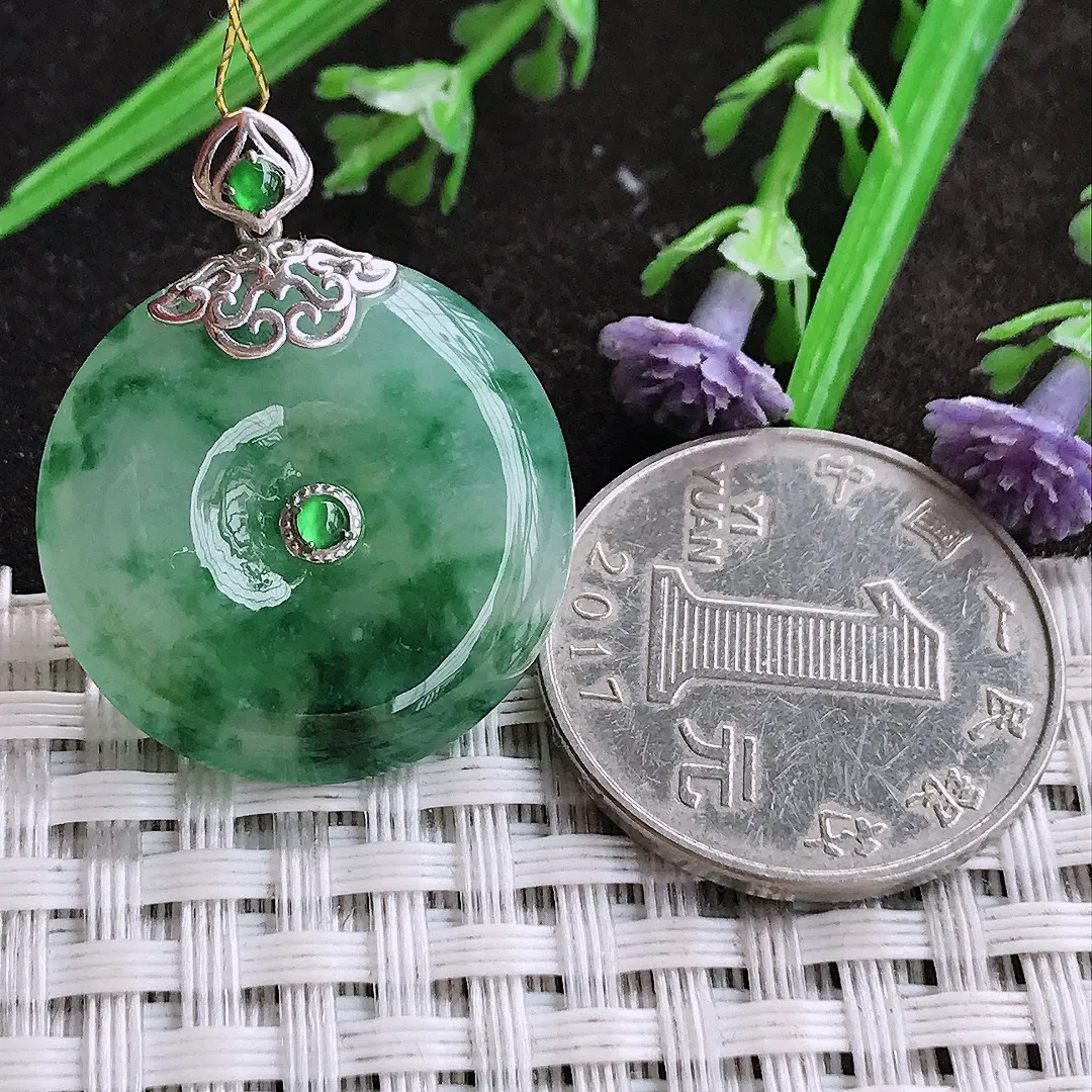 实拍A货翡翠24.3/5.6老坑18k金镶嵌冰胶飘花平安扣吊坠翡翠玉扣挂件