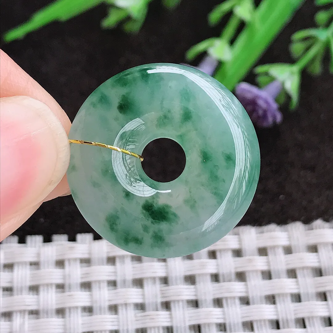 实拍A货翡翠23.8/6老坑冰胶水灵冰飘花平安扣玉环吊坠翡翠挂件