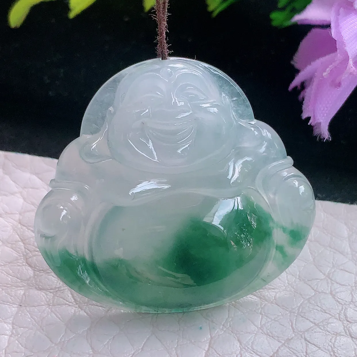 axm自然光31.3*34.8*6.2天然缅甸翡翠a货冰飘花开心佛 弥勒佛玉坠 玉挂件