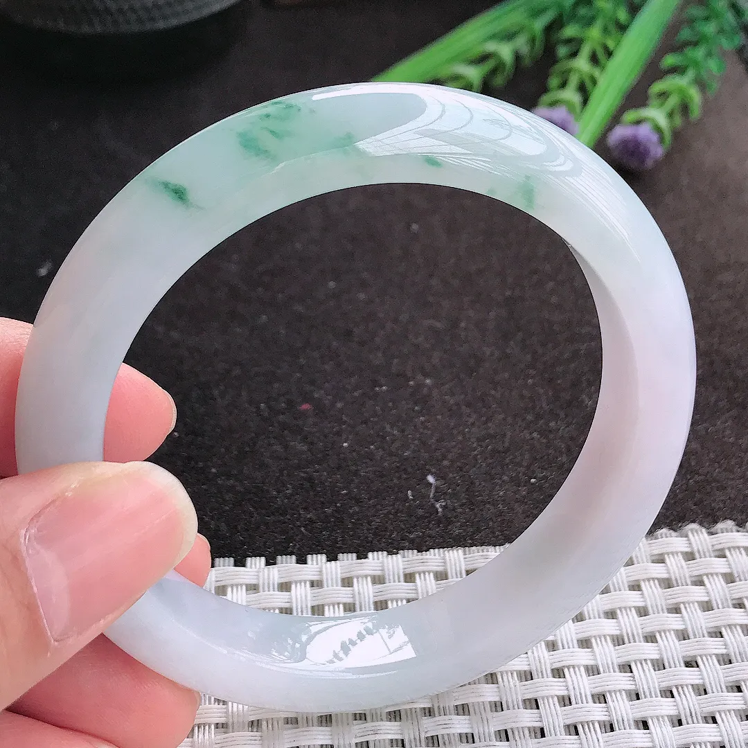 实拍A货翡翠58/12.2/8.7老坑冰润水灵冰飘花手镯宽边玉镯手环