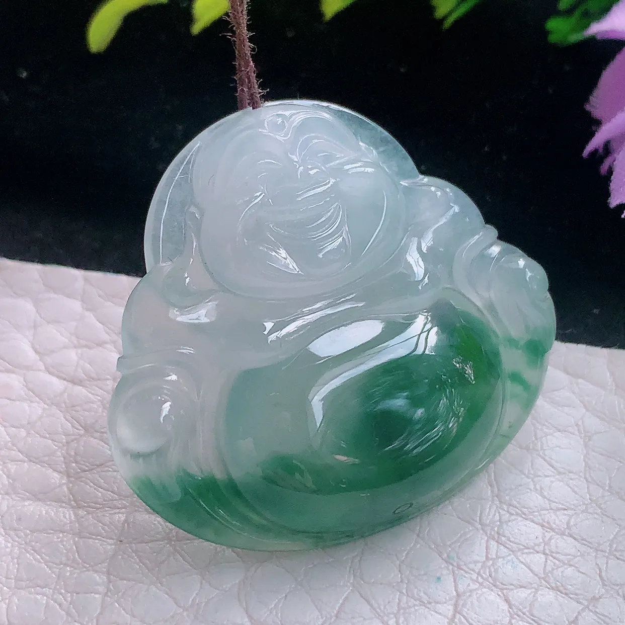 axm自然光31.3*34.8*6.2天然缅甸翡翠a货冰飘花开心佛 弥勒佛玉坠 玉挂件