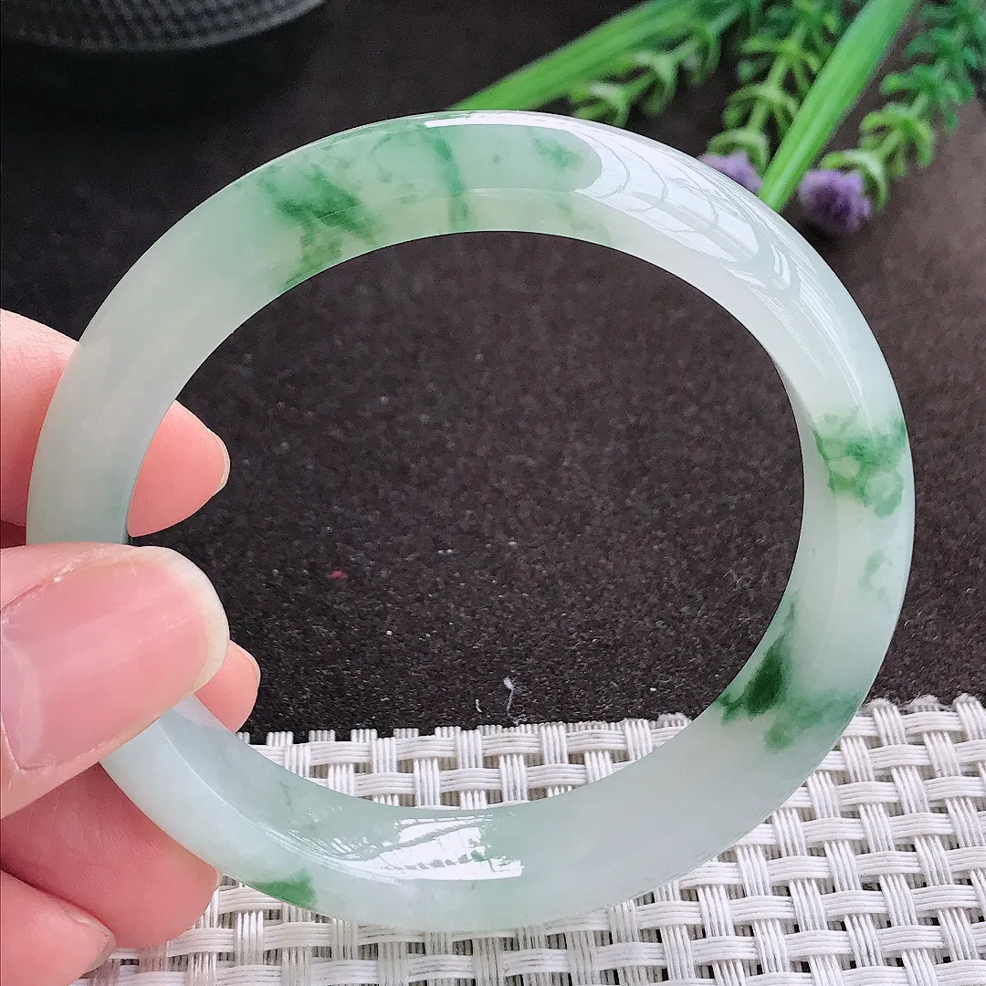 实拍A货翡翠56.5/12.1/8老坑冰胶水灵冰飘花手镯宽边玉镯手环