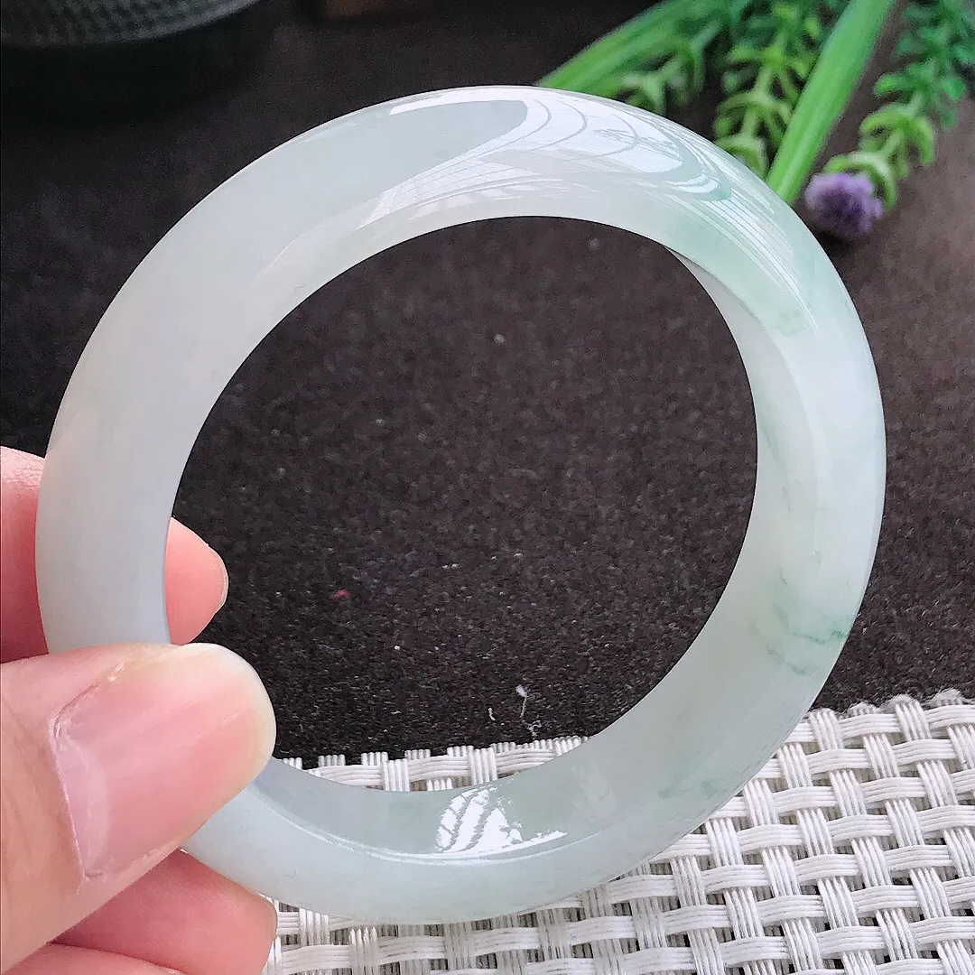 实拍A货翡翠54.5/12.9/9老坑冰胶果冻飘花手镯宽边玉镯手环