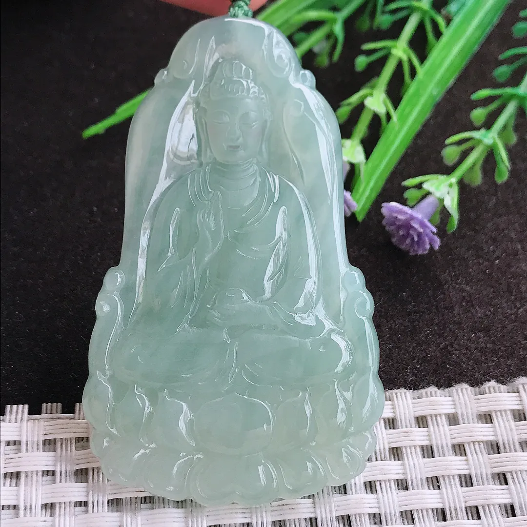 实拍A货翡翠61/38.7/5老坑冰胶果冻冰晴绿观音菩萨吊坠翡翠玉观音挂件