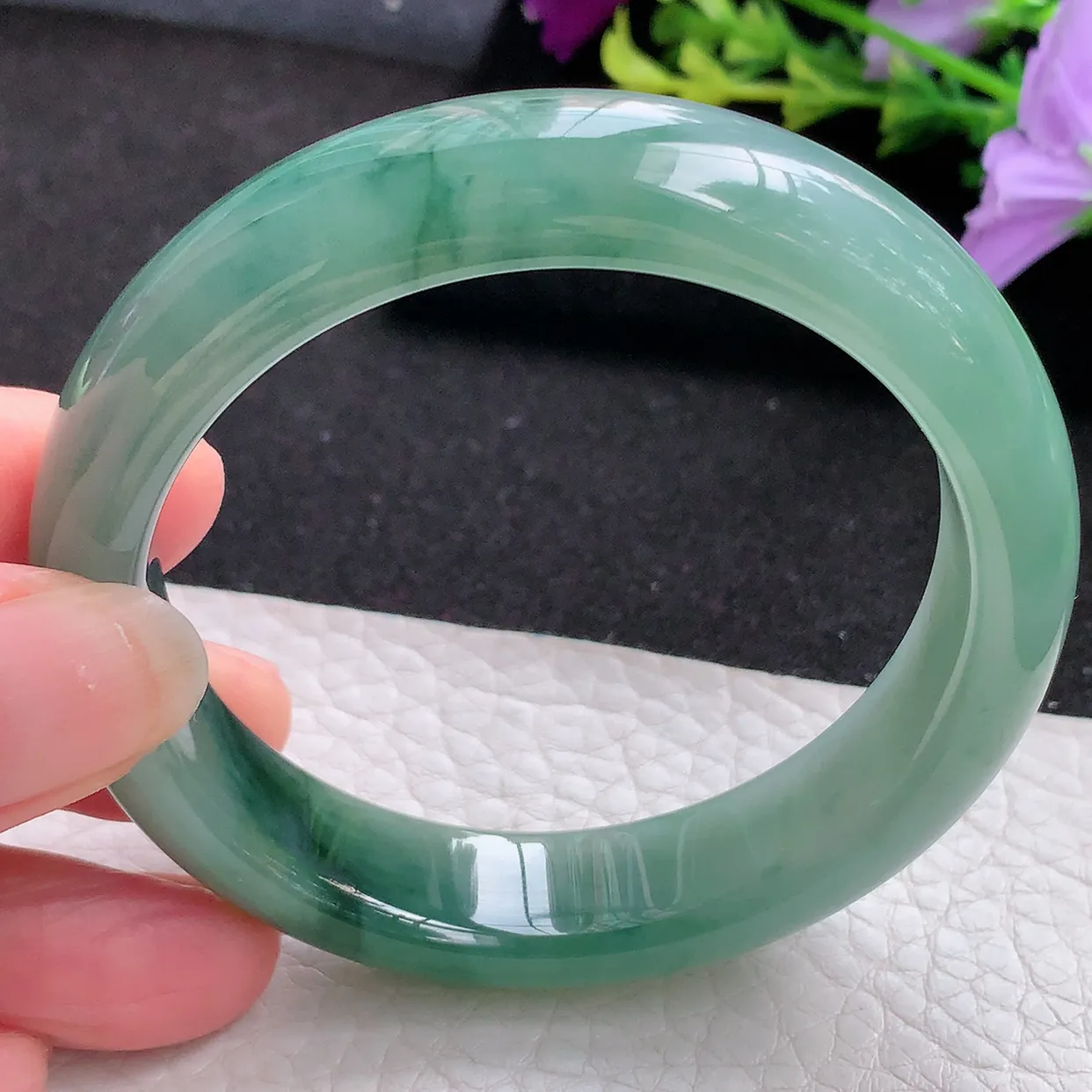 jm实拍54*13*8平安镯 天然翡翠A货蓝韵玉手镯飘花宽边玉手环