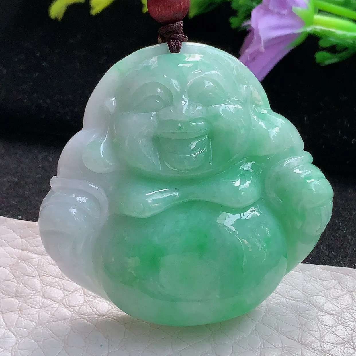 zen实拍44.5*46.8*10.8缅甸天然翡翠飘绿细润大佛公吊坠 大肚弥勒佛毛衣坠