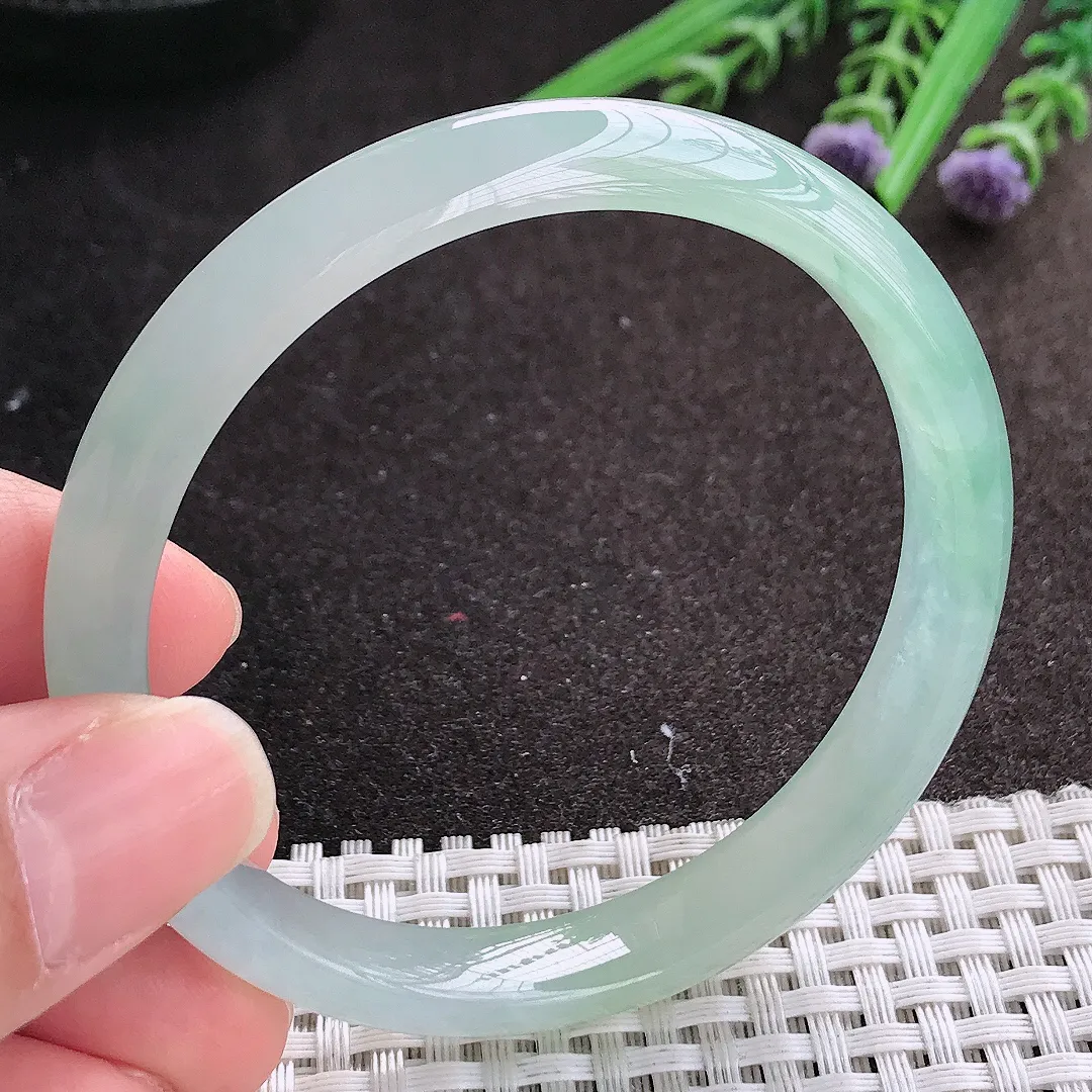 实拍A货翡翠57.5/10/6.8老坑冰胶果冻胶冰晴绿手镯宽边玉镯手环