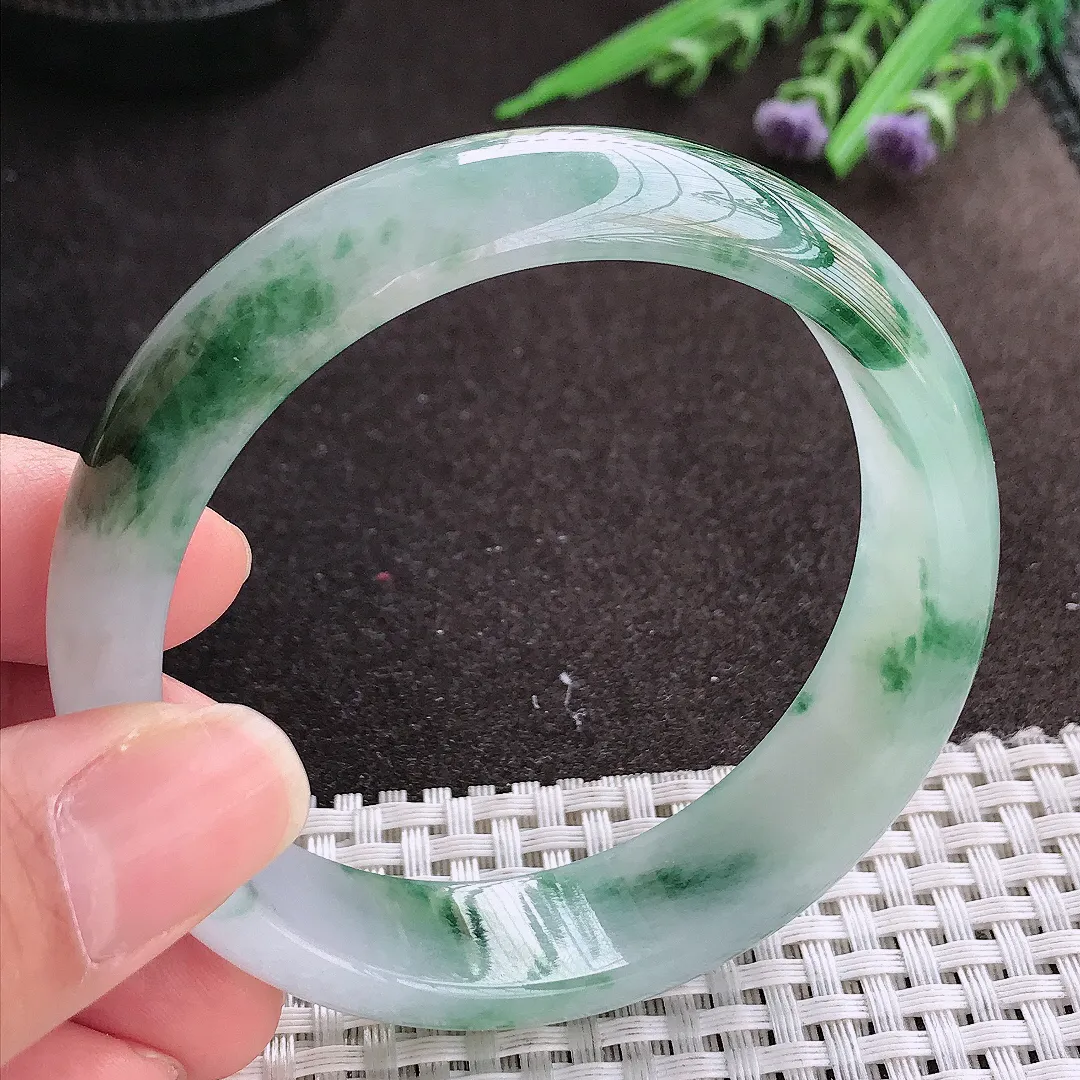 实拍A货翡翠59/15.8/7.3老坑冰润起胶飘花轮胎手镯宽边玉镯手环