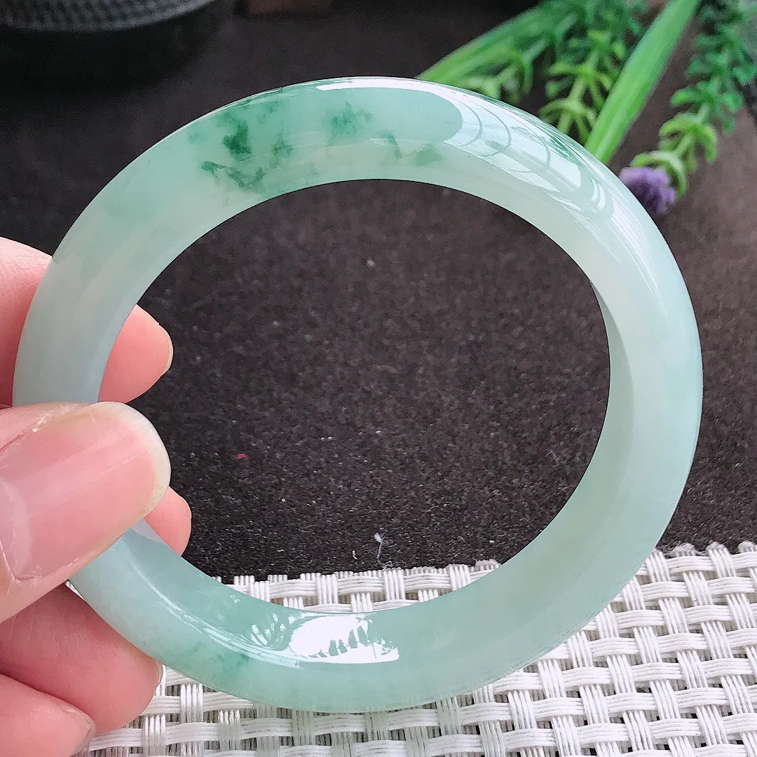 实拍A货翡翠55/11.7/8.6老坑冰胶水灵飘花蓝花手镯宽边玉镯手环