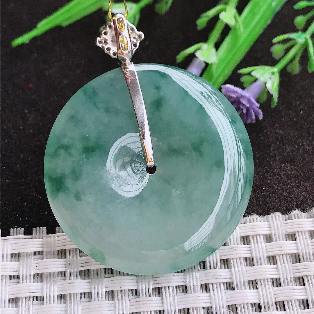 实拍A货翡翠37/6.2老坑18k金镶嵌冰胶果冻飘花平安扣吊坠翡翠挂件