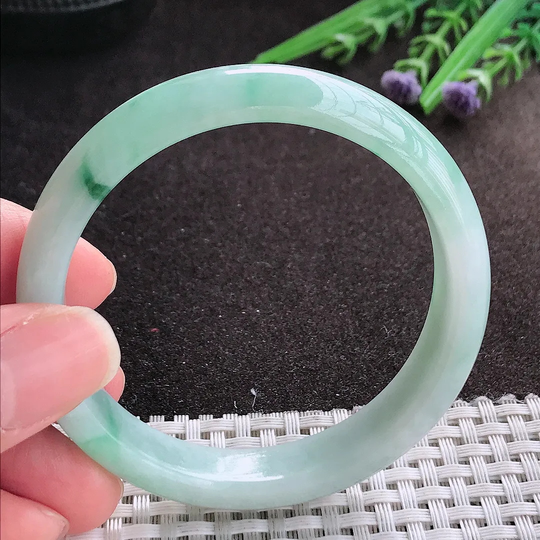 实拍A货翡翠55/12.3/7.2老坑冰润起胶飘花手镯宽边玉镯手环