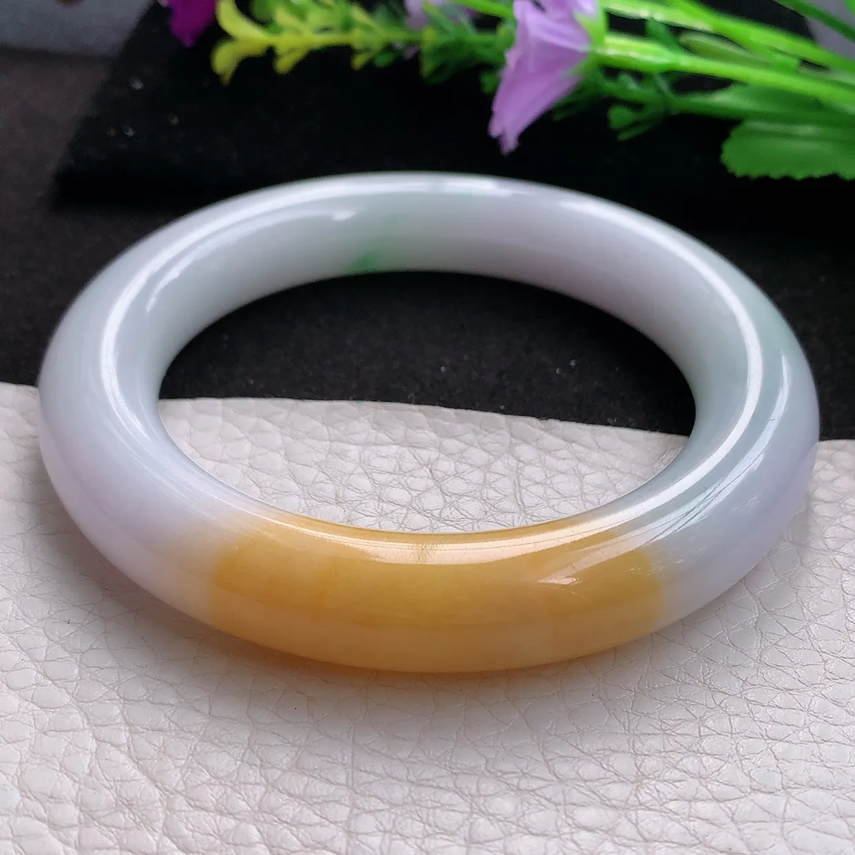 nr实拍58.5*12.8*12.5胖圆镯 天然翡翠A货三彩玉手镯胶感大气圆条美人镯