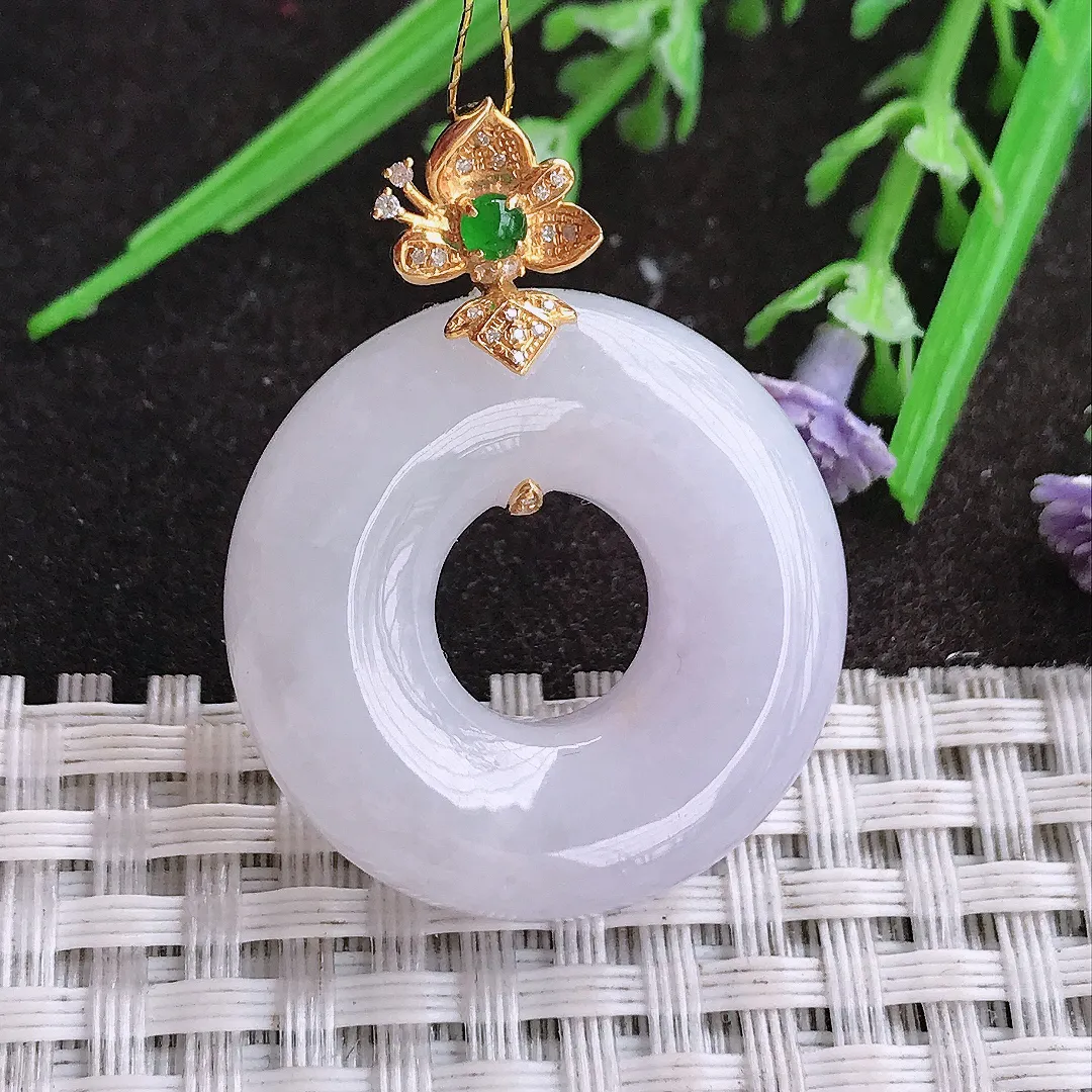 实拍A货翡翠28.3/8.8老坑18k金镶嵌冰润淡紫色平安扣吊坠翡翠玉环挂件