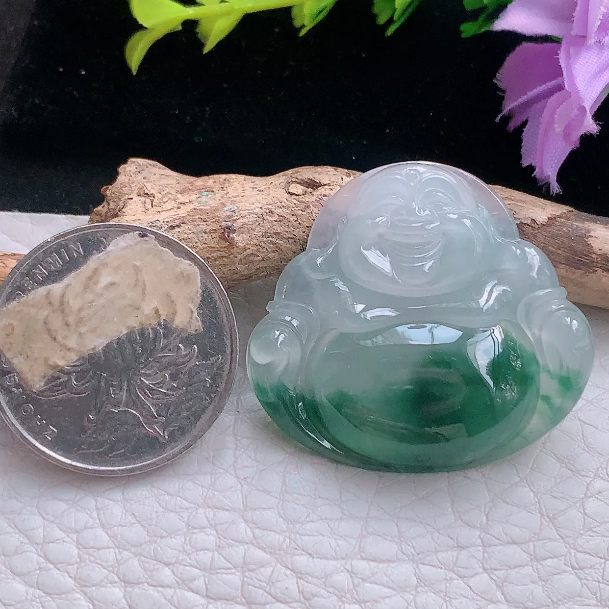 axm自然光31.3*34.8*6.2天然缅甸翡翠a货冰飘花开心佛 弥勒佛玉坠 玉挂件