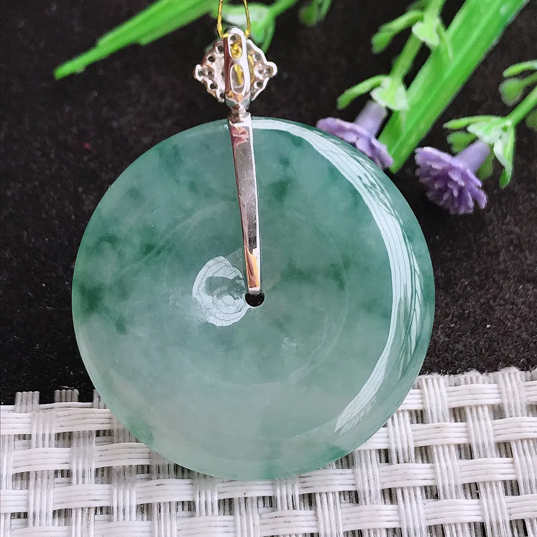 实拍A货翡翠37/6.2老坑18k金镶嵌冰胶果冻飘花平安扣吊坠翡翠挂件