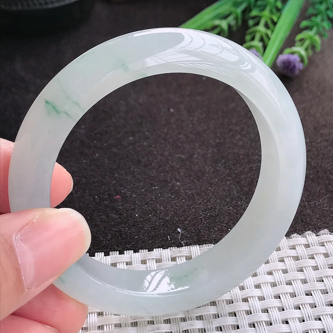 实拍A货翡翠54.5/12.9/9老坑冰胶果冻飘花手镯宽边玉镯手环