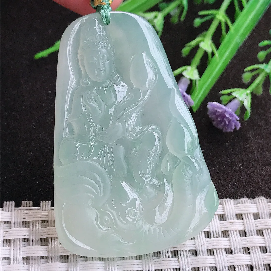 实拍A货翡翠54/36/6.2老坑冰胶果冻冰晴普贤菩萨吊坠翡翠挂件
