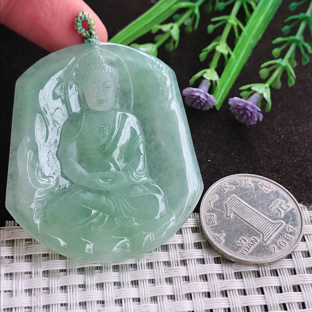 实拍A货翡翠53.2/47.8/4.8老坑冰润起胶冰晴绿大日如来佛祖吊坠翡翠挂件