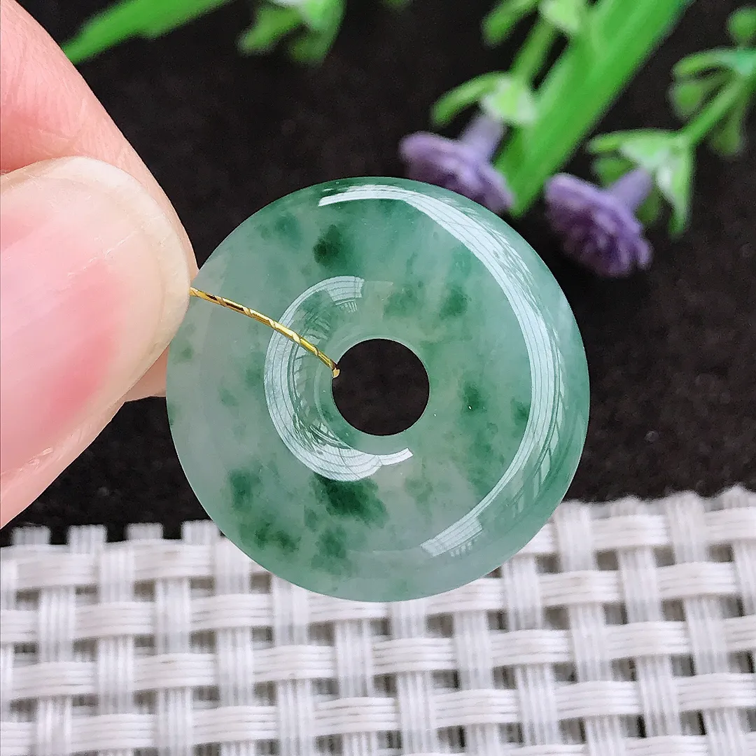 实拍A货翡翠23.8/6老坑冰胶水灵冰飘花平安扣玉环吊坠翡翠挂件