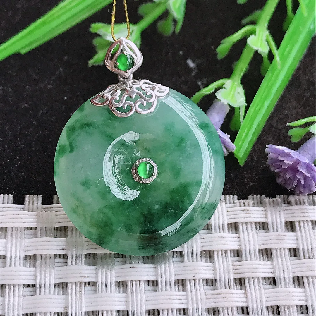 实拍A货翡翠24.3/5.6老坑18k金镶嵌冰胶飘花平安扣吊坠翡翠玉扣挂件