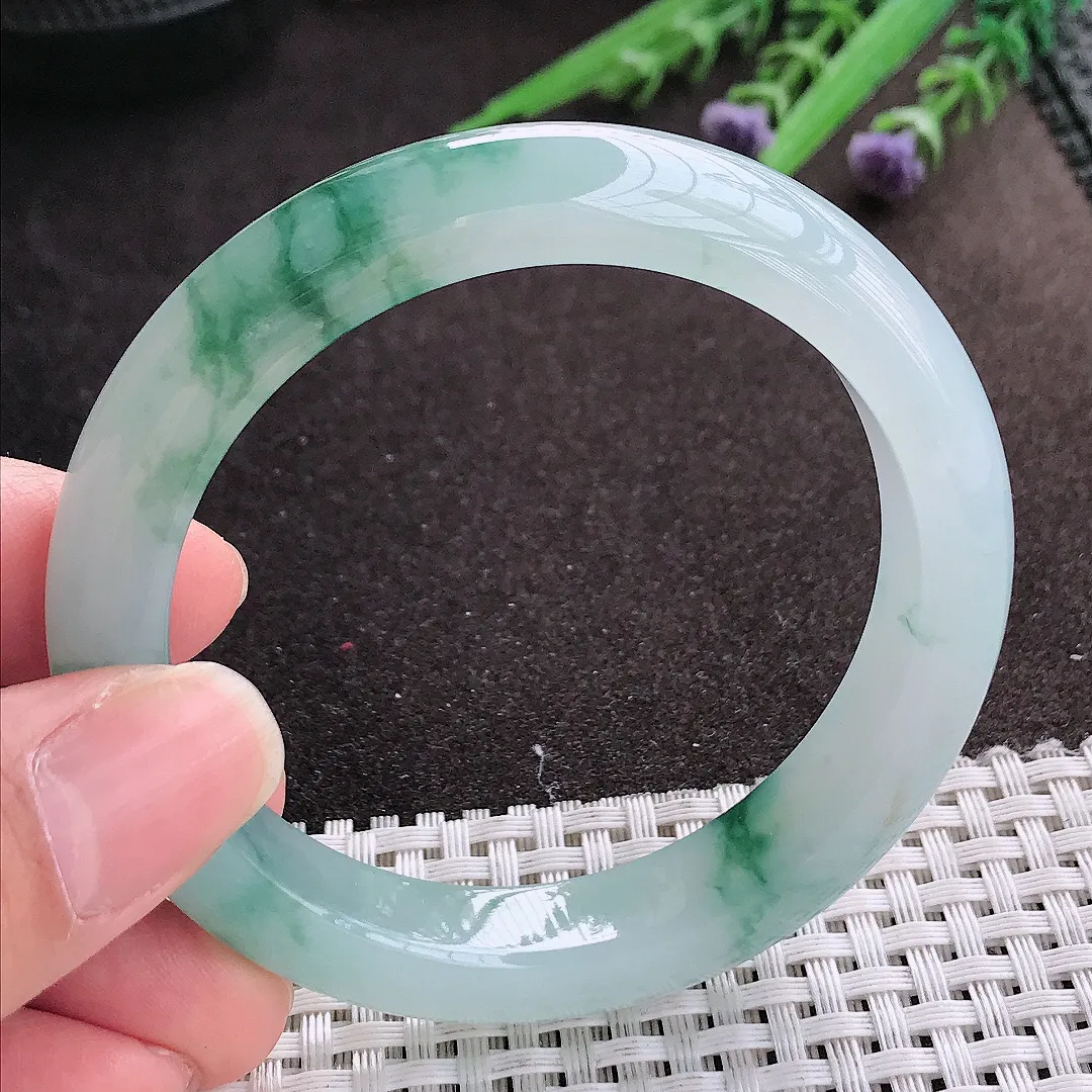 实拍A货翡翠55/11.4/8.6老坑冰胶果冻冰飘花手镯宽边玉镯手环